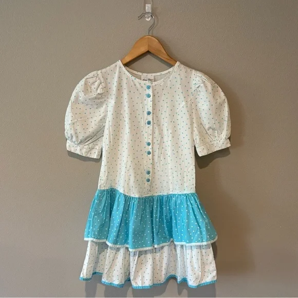 VINTAGE AMY TOO! White and Blue Polka Dot Ruffled Girls Dress 80s 90s Size 12 - Picture 1 of 14